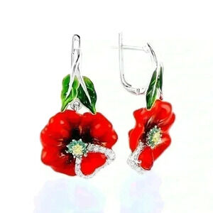 Beautiful 925 Silver Ruby Emerald Diamond Flower Earrings